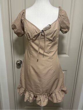 PrettyLittleThing Tan Puff-Sleeve Mini Dress with Tie Front